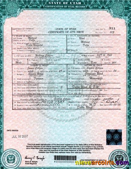 USA Utah state birth certificate